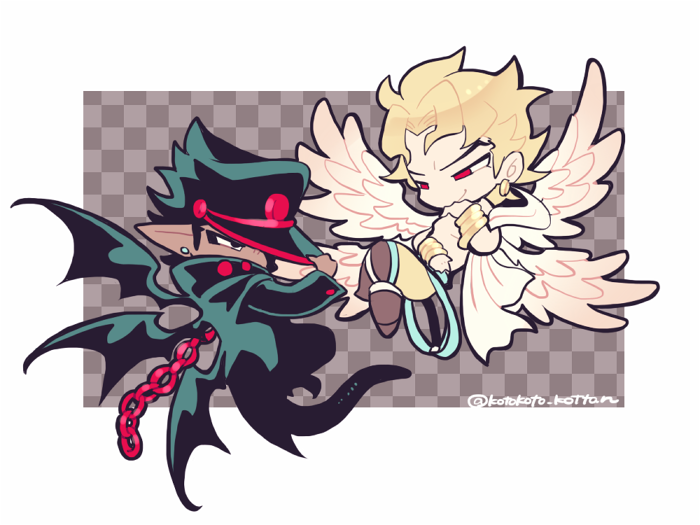 2boys angel_wings black_hair black_headwear black_wings blonde_hair border bracelet brown_footwear chain chibi chibi_only closed_mouth cosplay demon_wings devilman devilman_(character) devilman_(character)_(cosplay) dio_brando earrings full_body gold_bracelet hat jewelry jojo_no_kimyou_na_bouken kotorai kuujou_joutarou looking_at_another male_focus multiple_boys multiple_wings no_nose pointy_ears red_eyes satan_(devilman) satan_(devilman)_(cosplay) short_hair sideburns smile tan topless_male twitter_username white_border white_wings wings