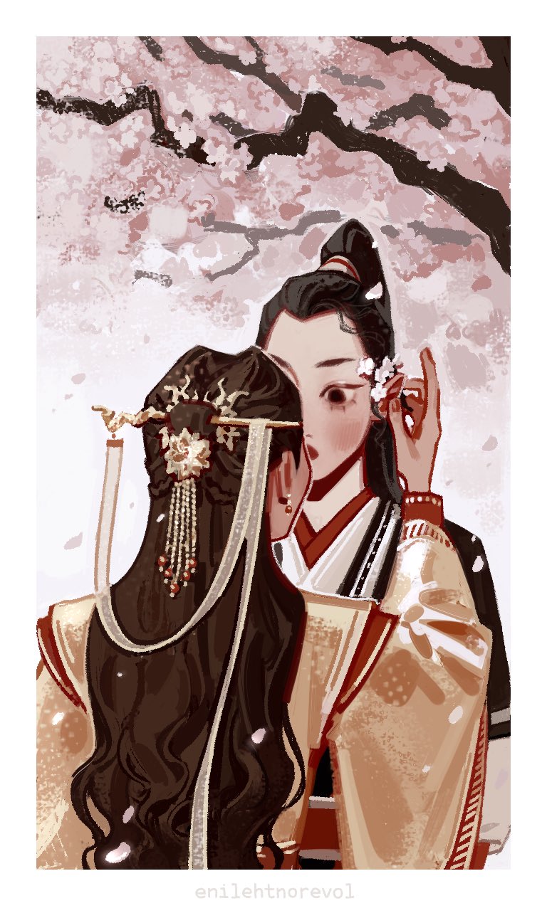 2boys adjusting_another&#039;s_hair artist_name bishounen black_eyes black_hair black_hanfu blush border brown_hair cherry_blossoms chinese_clothes chinese_hairpin commentary earrings enilehtnorevol flower flower_hairpin from_behind gold hair_bun hair_flower hair_ornament hanfu hashtag-only_commentary high_ponytail highres jewelry layered_clothes long_hair long_sleeves mu_qing_(tianguan_cifu) multiple_boys outdoors pale_skin pink_flower ponytail red_hanfu red_trim ribbon single_hair_bun sky tianguan_cifu tree tucking_hair upper_body wavy_hair white_border white_flower white_hanfu white_ribbon white_sky wide-eyed wide_sleeves xie_lian xie_lian_(flower_crowned_martial_god) yaoi yellow_hanfu