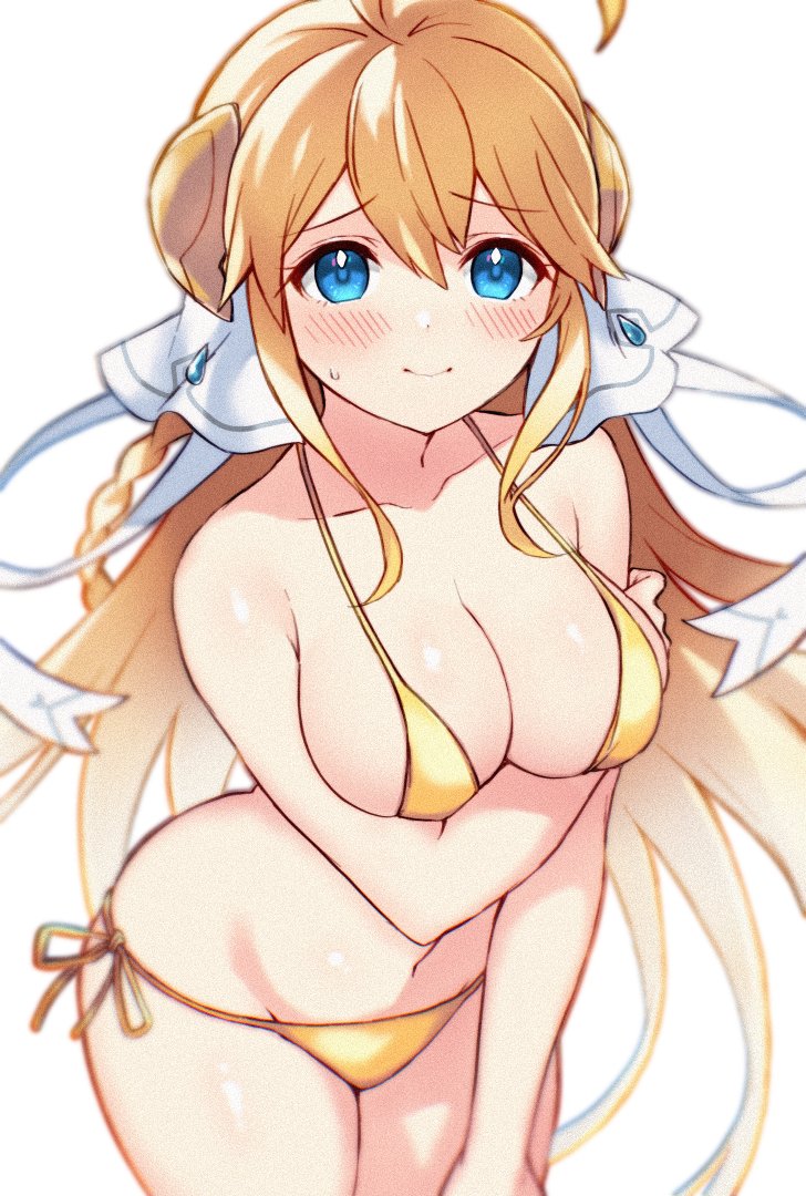 1girl alternate_costume arm_under_breasts bare_shoulders bikini blonde_hair blue_eyes blush breasts cleavage closed_mouth collarbone commentary_request cowboy_shot dragalia_lost ekra hair_between_eyes hair_ornament hair_ribbon long_hair looking_at_viewer medium_breasts navel ribbon side-tie_bikini_bottom solo string_bikini swimsuit very_long_hair white_background white_ribbon yellow_bikini zethia