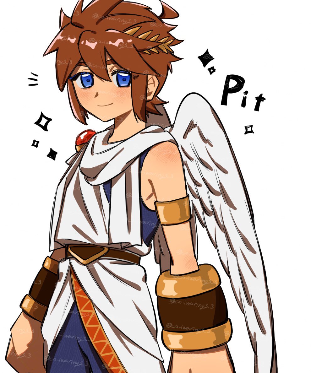 1boy ancient_greek_clothes angel angel_wings artist_name belt belt_buckle blue_undershirt brown_belt buckle character_name cowboy_shot feathered_wings gold_armlet greco-roman_clothes kid_icarus kid_icarus_uprising ko_iwari_ngo laurel_crown looking_at_viewer male_focus nintendo pit_(kid_icarus) scarf solo spiked_hair too_many_watermarks twitter_username watermark white_background white_scarf white_wings wings