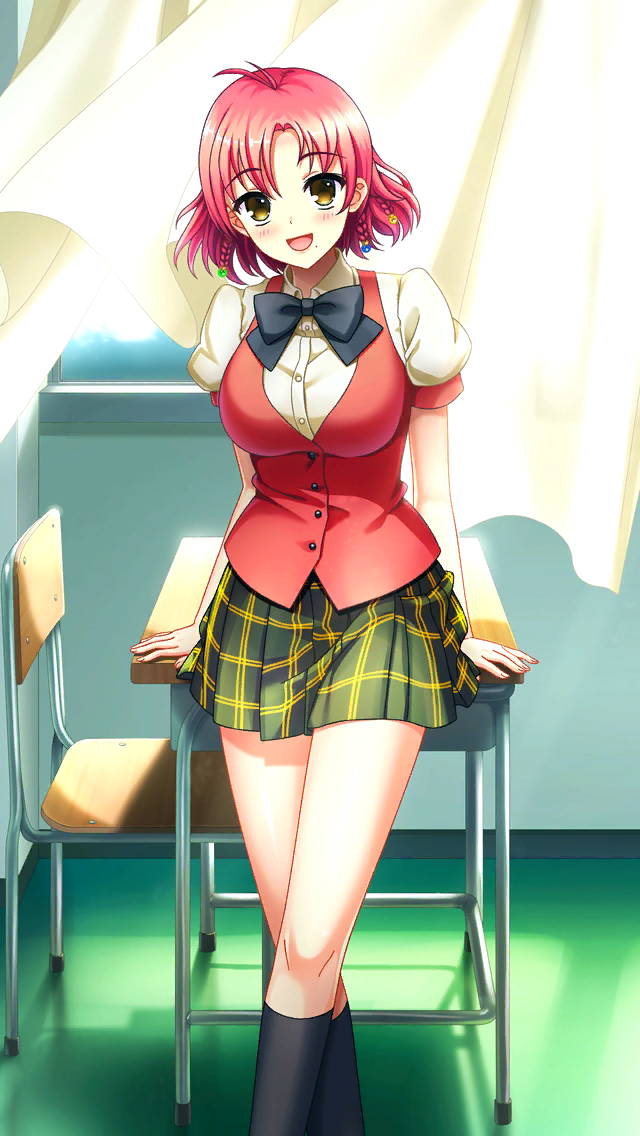 1girl :d black_bow black_bowtie black_socks blue_gemstone blush bow bowtie brown_eyes classroom collared_shirt curtains desk doukyuusei_(series) doukyuusei_another_world dress_shirt floating_hair game_cg gem green_gemstone green_skirt indoors kakyuusei_(series) kakyuusei_2 kneehighs looking_at_viewer medium_hair miniskirt mole mole_under_mouth official_art open_mouth plaid_clothes plaid_skirt pleated_skirt red_hair red_vest school_uniform shirt short_sleeves skirt smile socks solo vest wakai_misaki white_shirt wing_collar yellow_gemstone
