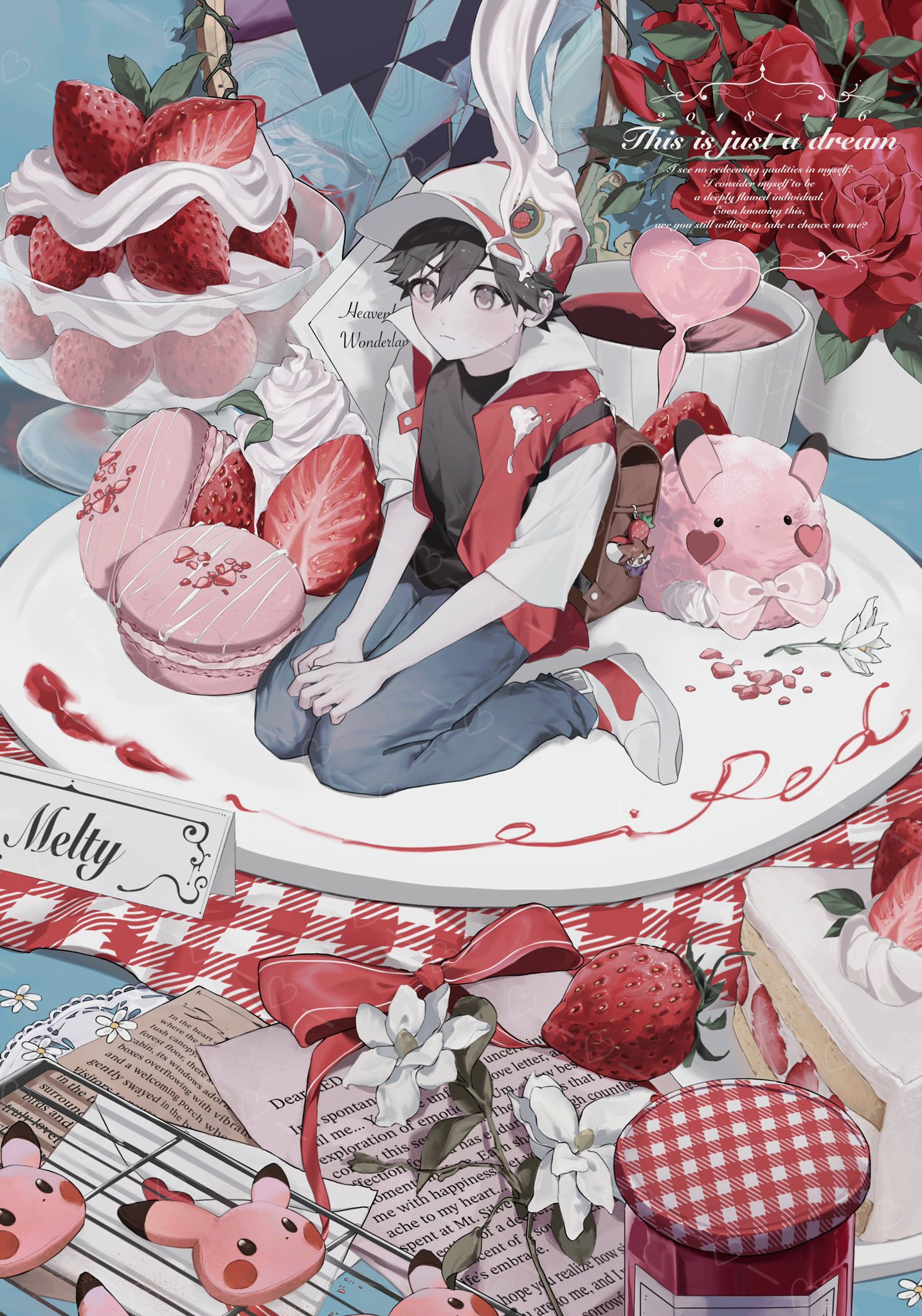 1boy backpack bag brown_bag closed_mouth commentary_request cream cup english_text food food_on_clothes fruit hat highres jacket jar leaf male_focus mini_person miniboy nintendo open_clothes open_jacket pants pokemon pokemon_rgby red_(pokemon) red_hat red_jacket shoes sitting solo strawberry x_grlo4