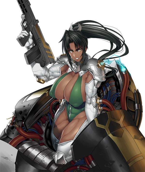00s 1girl abs angry armor assault_rifle assault_shooter black_hair breasts bullpup claudius_(taimanin_rpgx) cleavage clenched_teeth covered_erect_nipples dark-skinned_female dark_skin female_focus gun hand_up high_ponytail highleg highleg_leotard holding holding_weapon huge_breasts leotard lilith-soft long_hair looking_at_viewer machine_gun mirabell_bell muscular obui orange_eyes parted_bangs pauldrons ponytail rifle shoulder_armor sideboob sidelocks solo taimanin_(series) taimanin_asagi taimanin_asagi_kessen_arena teeth thighs weapon