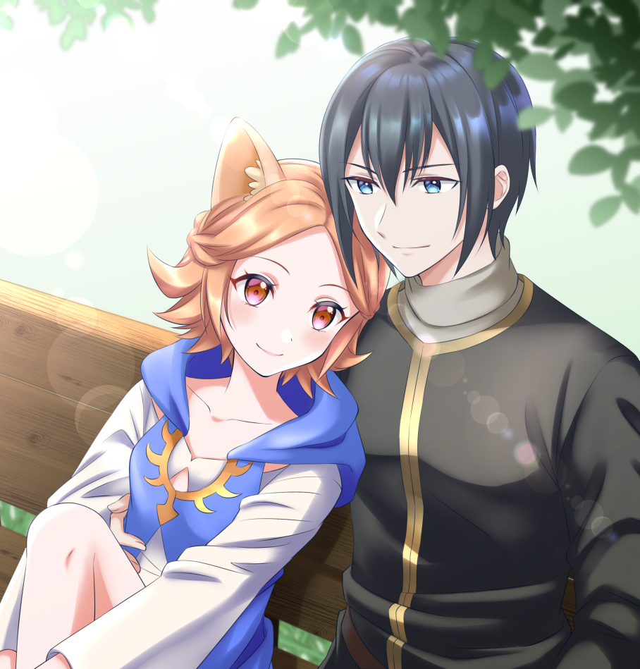 1boy 1girl amaki_ren animal_ears black_hair black_shirt blue_eyes blue_vest brown_eyes brown_hair closed_mouth collarbone commission couple dog_ears dog_girl grey_shirt hair_between_eyes hetero hood hood_down hooded_vest hoodie kakiko210 light_smile long_sleeves looking_at_another on_bench outdoors shirt short_hair sitting skeb_commission smile tate_no_yuusha_no_nariagari upper_body vest white_shirt wyndia_(tate_no_yuusha_no_nariagari)