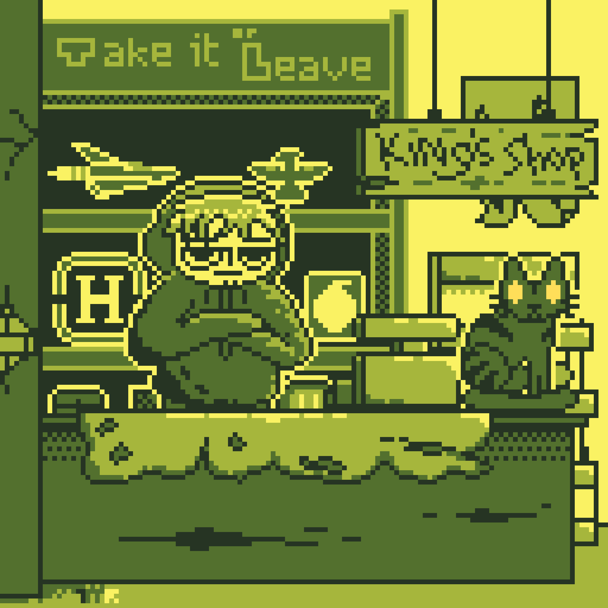 1boy brick_wall cash_register counter display english_text headphones highres hood hoodie monochrome original pixel_art scenery shelf sign solo statue tomoruka_mr toy_airplane yellow_background