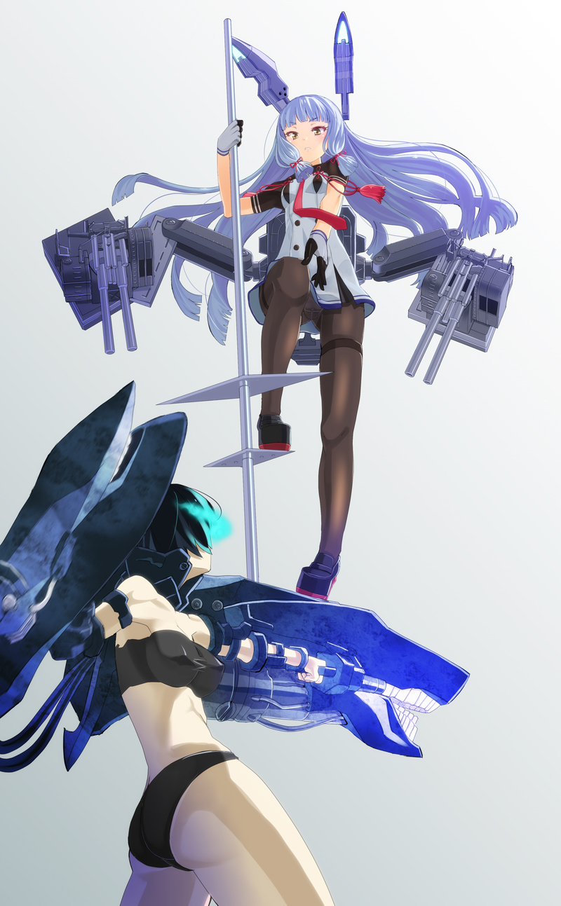 10s 2girls abyssal_ship aqua_eyes armpits ass bad_id bad_pixiv_id bandeau battle bikini black_bikini black_hair black_legwear blunt_bangs blush bodysuit breasts buttons cannon clenched_teeth covered_erect_nipples cowboy_shot dress eye_contact facing_away floating_hair fujimo_ruru full_body gloves glowing glowing_eyes grey_background hair_ribbon headgear highres holding kantai_collection knee_up light_trail long_hair looking_at_another looking_down looking_up machinery mecha_musume multiple_girls murakumo_(kancolle) necktie orange_eyes outstretched_hand pale_skin panties panties_under_pantyhose pantyhose pantyshot parted_lips pleated_dress polearm remodel_(kantai_collection) ri-class_heavy_cruiser ribbon sailor_dress ship_turret short_dress short_eyebrows short_hair short_sleeves showdown simple_background small_breasts spear strapless swimsuit tassel taut_clothes teeth thighband_pantyhose thighhighs tress_ribbon tube_top underwear very_long_hair weapon white_hair yellow_eyes