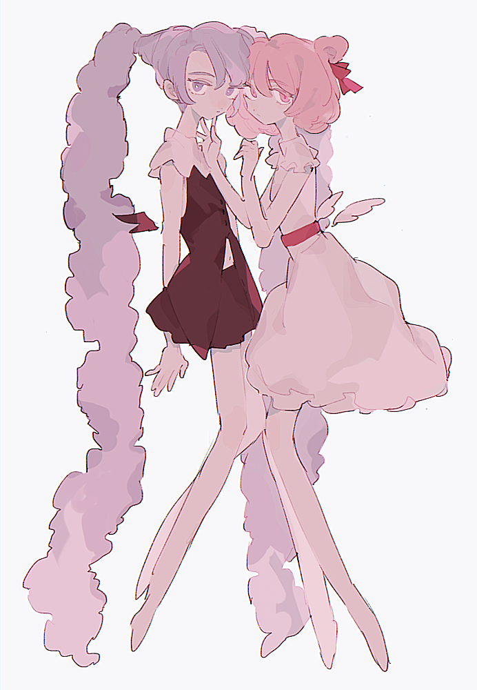 2girls absurdly_long_hair dress female_focus long_hair looking_at_viewer maru_(xxxholic) matching_hair/eyes medium_hair moro_(xxxholic) multiple_girls navel pink_hair purple_hair ronoh_(jill) simple_background twintails very_long_hair white_background xxxholic