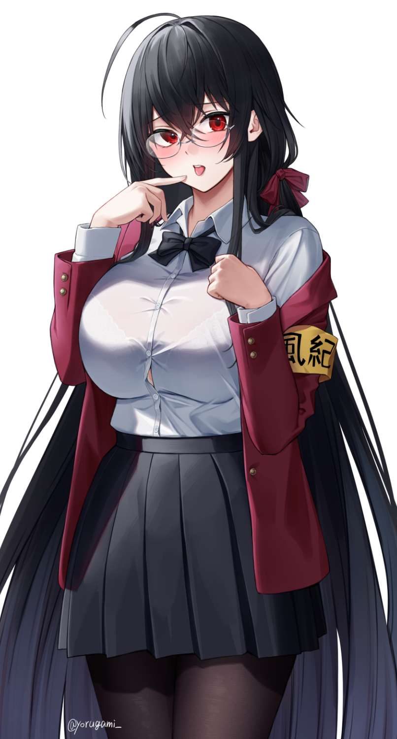 1girl absurdly_long_hair ahoge azur_lane bespectacled black_bow black_bowtie black_hair black_pantyhose black_skirt blush bow bowtie bra_visible_through_clothes breasts button_gap collared_shirt commentary_request glasses hair_intakes highres jacket large_breasts long_hair long_sleeves official_alternate_costume official_alternate_hairstyle open_clothes open_jacket pantyhose red_jacket round_eyewear semi-rimless_eyewear shirt skirt solo taihou_(azur_lane) taihou_(sweet_time_after_school)_(azur_lane) tongue tongue_out very_long_hair white_shirt yorugami_rei