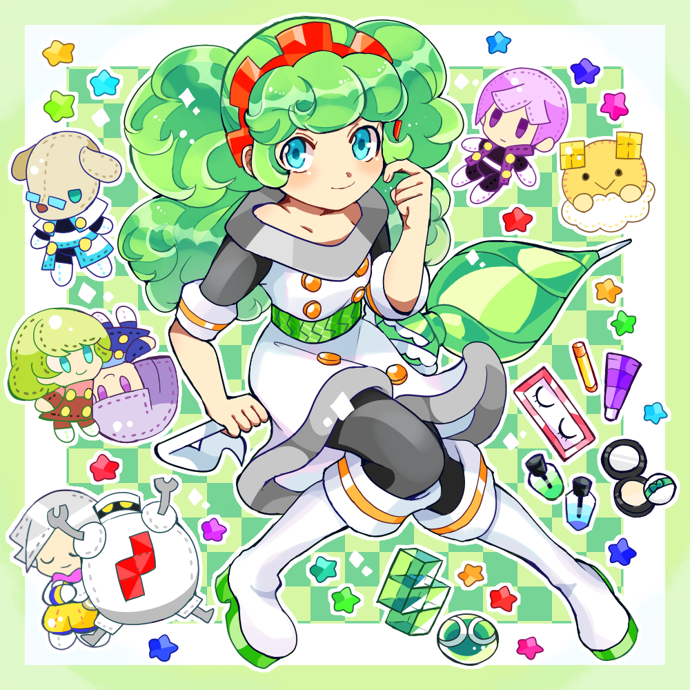 1girl ai_(puyopuyo) aqua_eyes ararecoa arm_at_side black_sleeves character_doll checkered_background closed_mouth closed_umbrella compact_(cosmetics) cosmetics curly_hair double-parted_bangs dress elle_(puyopuyo) ess_(puyopuyo) ex_(puyopuyo) flipped_sidelocks from_above full_body green_background green_umbrella hand_up jay_(puyopuyo) kneehighs knees_together_feet_apart light_smile long_hair looking_at_viewer nail_polish_bottle off-shoulder_dress off_shoulder outline outside_border puyo_(puyopuyo) puyopuyo puyopuyo_tetris short_sleeves sidelocks sitting sleeve_cuffs socks solo star_(symbol) stuffed_toy tetromino tube_(container) twintails umbrella unconventional_broom very_long_hair white_dress white_footwear white_outline zed_(puyopuyo)