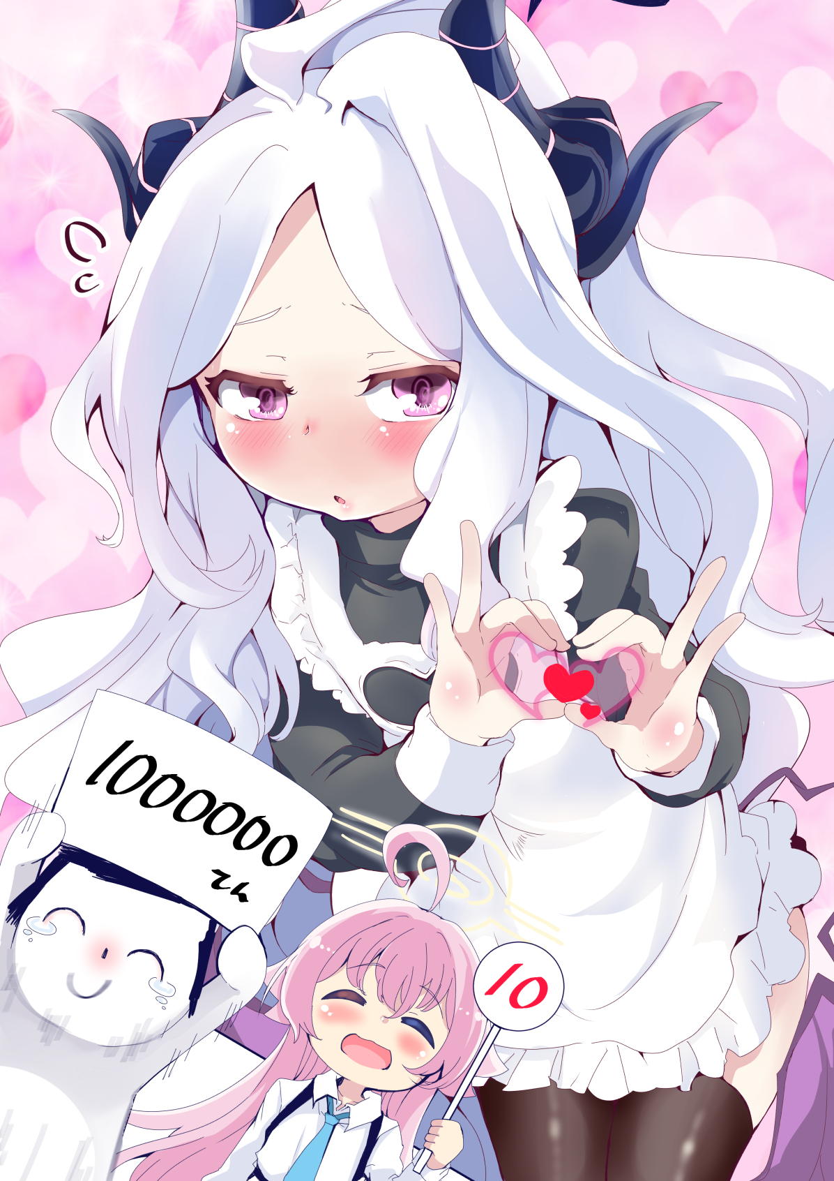 1boy 2girls apron black_thighhighs blue_archive blush demon_girl demon_horns demon_wings doodle_sensei_(blue_archive) halo heart heart_hands highres hina_(blue_archive) horns hoshino_(blue_archive) long_hair looking_at_viewer maid maid_apron maid_headdress multiple_girls pink_hair pink_halo purple_eyes school_uniform sensei_(blue_archive) shi_ecchi thighhighs white_hair wings