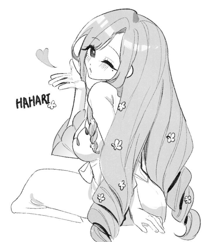 1girl back_cutout blowing_kiss blush bow character_name chi_kan100 clothing_cutout cropped_legs curly_sidelocks curtained_hair dress dress_bow drill_hair flower from_behind hair_flower hair_ornament hanazono_hahari head_tilt heart kimi_no_koto_ga_dai_dai_dai_dai_daisuki_na_100-nin_no_kanojo long_dress long_hair long_sleeves looking_back mature_female mole mole_under_eye monochrome one_eye_closed parted_bangs puckered_lips sidelocks simple_background sitting solo very_long_hair white_background wide_sleeves