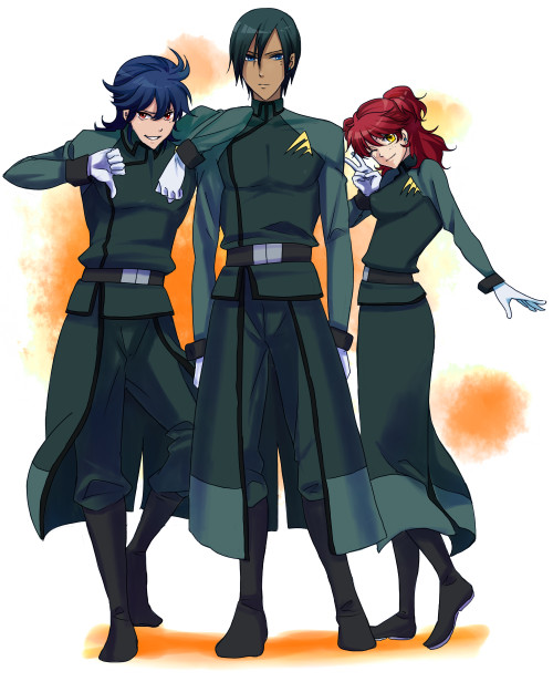 00s 1girl 2boys brother_and_sister brothers freckles gloves gundam gundam_00 johann_trinity kamosuke michael_trinity military military_uniform multiple_boys nena_trinity one_eye_closed red_hair siblings two_side_up v wink yellow_eyes