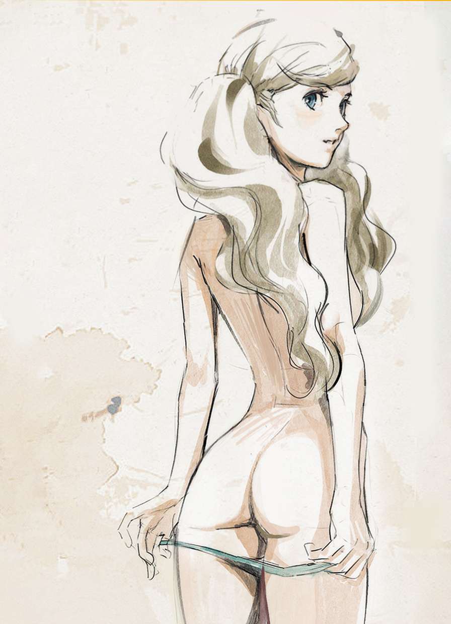 1girl ass back blue_eyes breasts brown_hair butterchalk commentary english_commentary from_behind green_panties grey_background highres long_hair looking_at_viewer looking_back medium_breasts nude panties panty_pull parted_lips persona persona_5 sideboob solo standing takamaki_anne twintails underwear