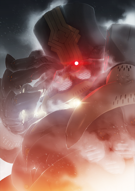 charles_babbage_(fate) fate/grand_order fate_(series) from_below glowing glowing_eyes grey_background i-iv_(longman) looking_at_viewer looking_down no_humans official_art red_eyes robot steam steampunk third-party_source