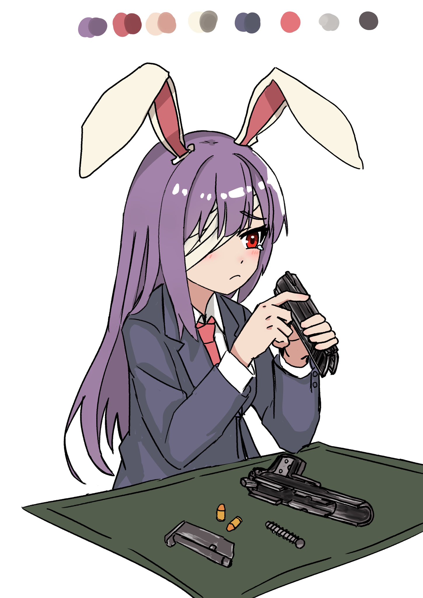 1girl animal_ears bandage_over_one_eye blush bullet cleaning cleaning_gun cleaning_weapon collared_shirt color_guide disassembly grey_jacket gun handgun highres jacket kv-san long_hair long_sleeves m1911 maintenance necktie purple_hair rabbit_ears rabbit_girl red_eyes red_necktie reisen_udongein_inaba shirt simple_background solo tearing_up touhou upper_body weapon white_background