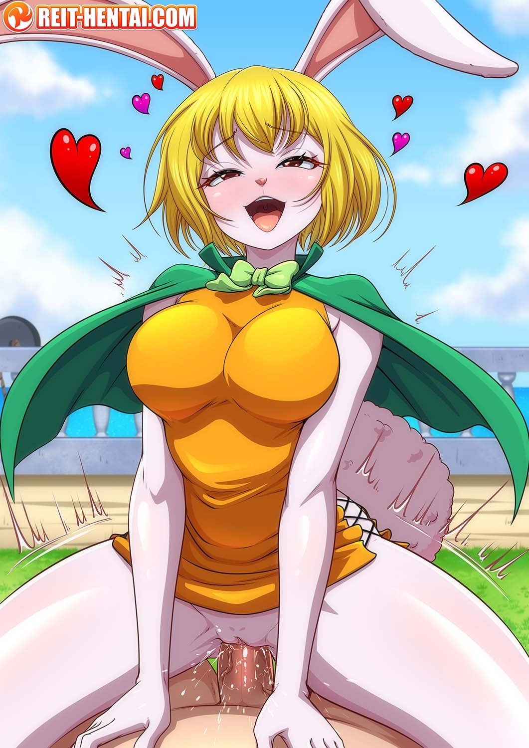 1boy 1girl ahegao animal_ears animal_nose blonde_hair blush body_fur cape carrot_(one_piece) commentary cowgirl_position dress english_commentary furry furry_female furry_with_non-furry green_cape highres interspecies ocean one_piece open_mouth orange_dress penis pussy rabbit_ears rabbit_girl rabbit_tail railing reit solo_focus spread_legs straddling tail tongue tongue_out vaginal white_fur