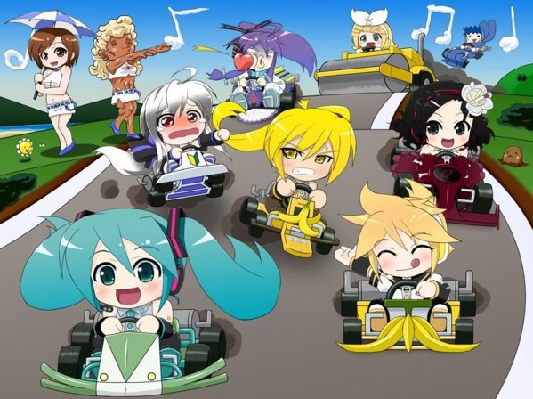 3boys 6+girls :d :q abs ahoge akita_neru annoyed banana banana_peel blush car chibi flower food fruit go-kart grabbing_another&#039;s_hair hatsune_miku heart jpeg_artifacts kagamine_len kagamine_rin kaito_(vocaloid) kamui_gakupo kart mameshiba_(pixiv_59310) mario_(series) mario_kart meiko_(vocaloid) meme motor_vehicle multiple_boys multiple_girls muscular musical_note nintendo o3o open_mouth outdoors parody prima primina sky smile spring_onion steamroller sweet_ann tears tongue tongue_out umbrella vocaloid wryyyyyyyyyyyyyyyyyyyy yowane_haku