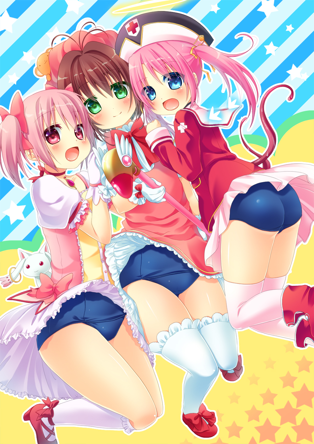 10s 1990s_(style) 3girls :d blue_eyes bobby_socks brown_hair cardcaptor_sakura crossover girl_sandwich gloves green_eyes hanamiya_natsuka hat highres kaname_madoka kaname_madoka_(magical_girl) kinomoto_sakura kinomoto_sakura_(magician) kneehighs kyubey luvriel magical_girl mahou_shoujo_madoka_magica mahou_shoujo_madoka_magica_(anime) makai_tenshi_djibril multiple_crossover multiple_girls old_school_swimsuit open_mouth pink_eyes pink_hair pink_hat red_footwear retro_artstyle sandwiched school_swimsuit shoes short_hair short_twintails smile socks swimsuit swimsuit_under_clothes thighhighs trait_connection twintails wand white_legwear