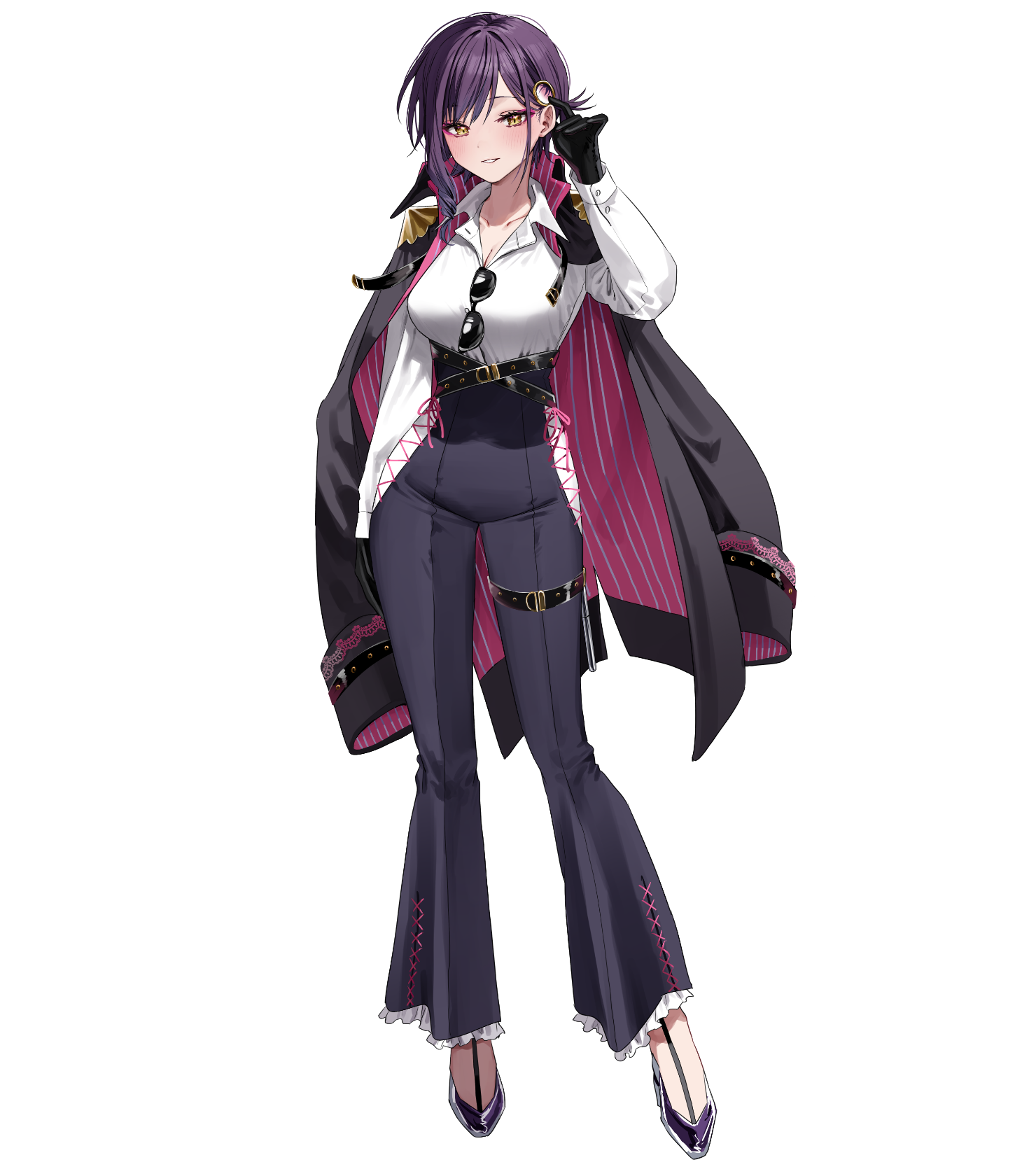1girl adjusting_hair arm_at_side asymmetrical_hair belt black_belt black_gloves blush breasts chigusa_minori cleavage clothing_cutout coat coat_on_shoulders collarbone collared_shirt contrapposto covered_groin cross-laced_clothes eyeshadow eyewear_hang frilled_pants frills full_body gloves grey_coat hair_behind_ear hair_intakes hair_ornament hand_in_own_hair hand_up high-waist_pants high_heels highres hip_vent large_breasts long_sleeves looking_at_viewer makeup official_art open_collar pants parted_lips pink_eyeshadow purple_footwear purple_hair purple_pants ringlets shirt shirt_tucked_in short_hair sidelocks simple_background smile solo specialite_(company) specialite_en standing stiletto_heels sunglasses swept_bangs thick_eyelashes thigh_belt thigh_strap transparent_background two-sided_coat two-sided_fabric unworn_eyewear valerie_victoria virtual_youtuber white_shirt yellow_eyes