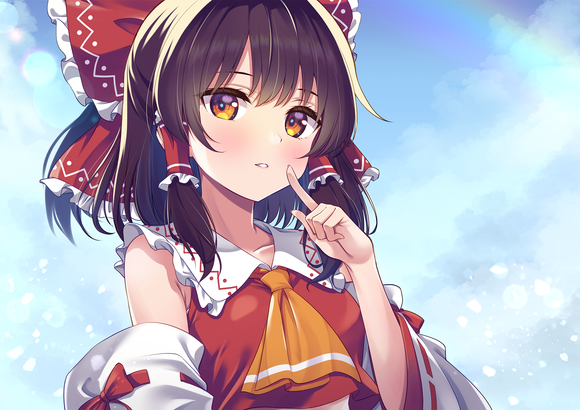 1girl ascot bare_shoulders blush bow brown_eyes brown_hair detached_sleeves hair_bow hair_tubes hakurei_reimu highres japanese_clothes looking_at_viewer medium_hair murasaki_atsushi nontraditional_miko open_mouth orange_ascot red_bow ribbon-trimmed_sleeves ribbon_trim sidelocks solo touhou upper_body white_sleeves wide_sleeves