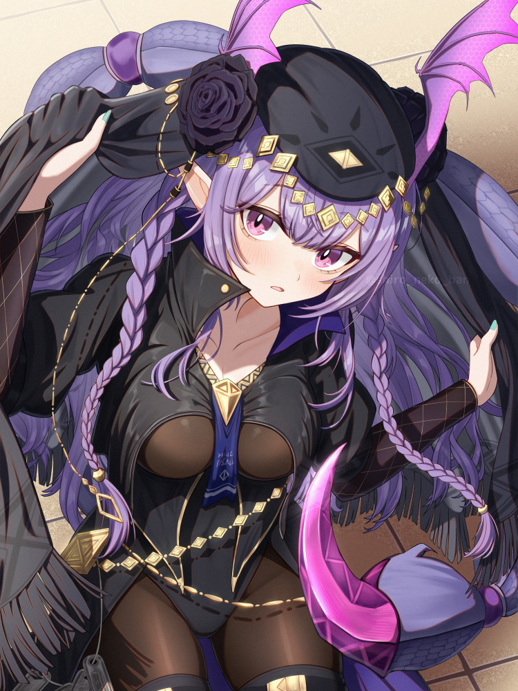 1girl arknights black_flower black_leotard black_rose black_veil bodystocking braid breast_curtains flower head_wings leotard manticore_(arknights) manticore_(under_a_veil)_(arknights) official_alternate_costume pointy_ears rose scorpion_tail shironekoban solo tail twin_braids veil wings
