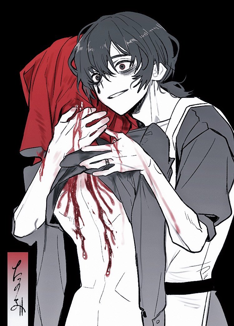 1boy 1other apron belt black_eyes black_hair black_shirt blood crazy_eyes dante_(limbus_company) jewelry limbus_company long_sleeves low_ponytail parted_lips ponytail project_moon ring ring_(identity)_(project_moon) shirt shirt_rolled_up smile tama_launcher white_apron yi_sang_(project_moon)