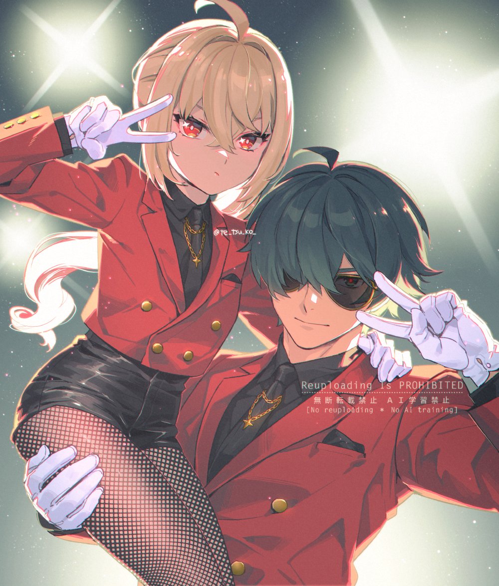 1boy 1girl ahoge black_necktie black_shirt black_shorts blonde_hair buttons carrying carrying_person chain chain_necklace cropped_jacket double-breasted fishnet_pantyhose fishnets gloves green_eyes green_hair hair_over_one_eye hand_on_another&#039;s_shoulder jacket jewelry lighter_(zenless_zone_zero) long_sleeves luciana_de_montefio matching_outfits necklace necktie pantyhose pout red_eyes red_jacket shirt short_shorts shorts side_ponytail sunglasses tetsukuzu_tetsuko twitter_username v watermark white_gloves zenless_zone_zero