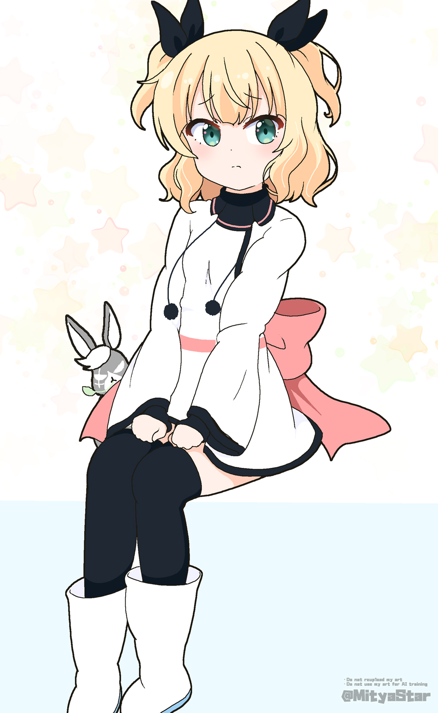 1girl animal black_ribbon black_thighhighs blonde_hair blue_background blush boots bow closed_mouth commentary_request cosplay english_text gochuumon_wa_usagi_desu_ka? green_eyes hair_ribbon highres jacket kirima_syaro long_sleeves mitya mouth_hold noel_(sora_no_method) noel_(sora_no_method)_(cosplay) pink_bow rabbit ribbon sitting solo_focus sora_no_method stalk_in_mouth star_(symbol) thighhighs thighhighs_under_boots twitter_username two-tone_background two_side_up watermark white_background white_boots white_jacket wide_sleeves wild_geese