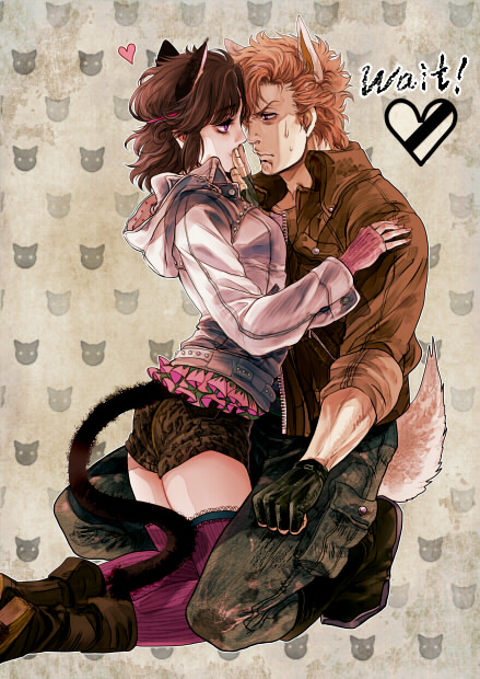 1boy 1girl animal_ears ass bat_(hokuto_no_ken) boots breasts brown_eyes brown_hair commentary_request denim frills hetero hokuto_no_ken jacket jeans jobo_(isi88) lin_(hokuto_no_ken) pants short_hair shorts tail thighhighs