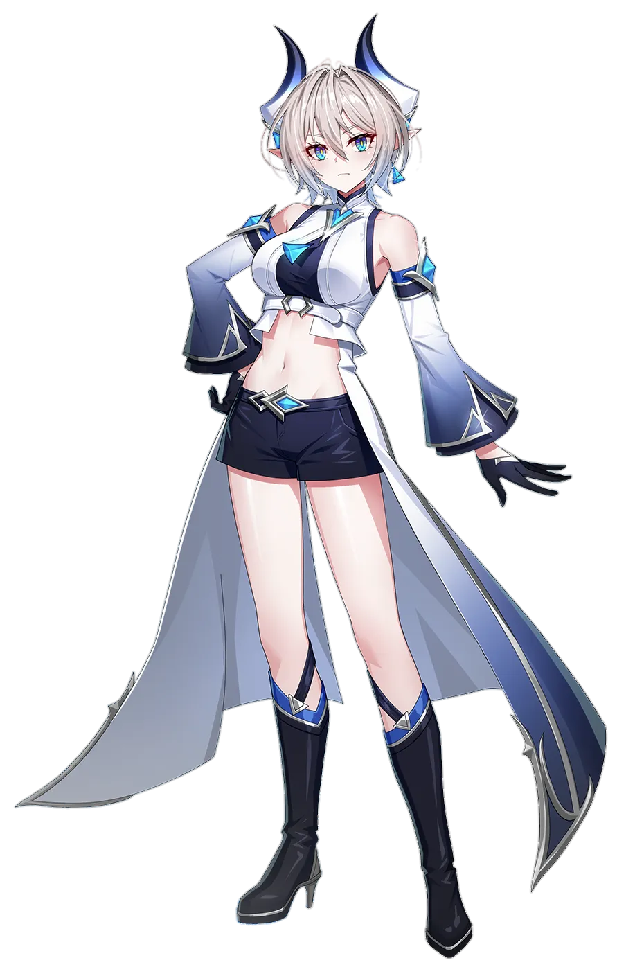 1girl armpits bare_shoulders black_boots black_shorts blue_eyes boots breasts coat cropped_jacket crystal detached_sleeves dragon_girl dragon_horns earrings gloves gradient_clothes grand_chase grey_hair half_gloves high_heels highres horns jewelry knee_boots medium_breasts medium_hair official_alternate_costume official_art pointy_ears short_shorts shorts sleeveless slit_pupils solo stomach tachi-e thighs tiamat_(grand_chase) transparent_background tsurime white_coat wide_sleeves yeum