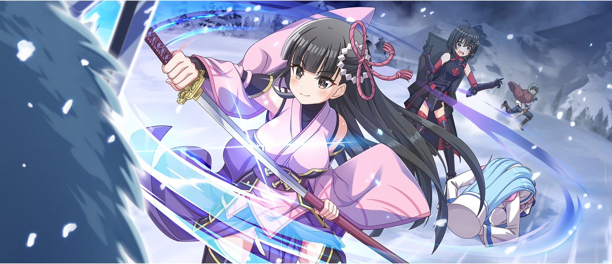 1boy 3girls ahoge aqua_(konosuba) armor armored_boots armpit_crease bare_shoulders black_armor black_eyes black_gloves black_hair black_thighhighs blue_hair blunt_bangs bob_cut boots breasts brown_hair closed_mouth coat crossover detached_sleeves dogeza elbow_gloves fleeing floral_print game_cg gloves grey_eyes hair_between_eyes hair_ornament hairpin hands_up hat highres holding holding_sheath holding_sword holding_weapon itai_no_wa_iya_nano_de_bougyoryoku_ni_kyokufuri_shitai_to_omoimasu japanese_armor japanese_clothes kasumi_(bofuri) katana kimono kono_subarashii_sekai_ni_shukufuku_wo! konosuba!_fantastic_days kusazuri large_breasts light_blush long_hair long_skirt long_sleeves looking_at_another looking_down maple_(bofuri) monster mountain multiple_girls obi official_art open_mouth outdoors overcast pine_tree pink_kimono pink_sleeves purple_skirt raised_eyebrows red_gloves red_thighhighs rose_print running sash satou_kazuma sheath shield shield_on_back short_hair short_kimono side_slit skirt skirt_under_kimono sky sleeveless sleeveless_kimono small_breasts smile snow snowing standing sword thighhighs tree turtleneck two-tone_gloves unsheathing v-shaped_eyebrows vambraces weapon white_coat white_hat wide_sleeves winter_clothes winter_coat