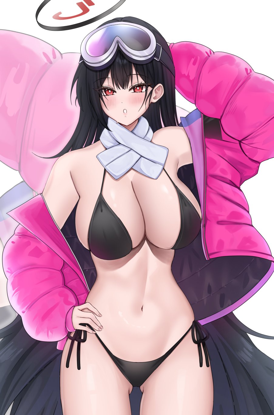 1girl alraune bare_shoulders bikini black_bikini black_hair black_halo blue_archive blush breasts cleavage commentary cosplay eimi_(blue_archive) eimi_(blue_archive)_(cosplay) eimi_(swimsuit)_(blue_archive) english_commentary gluteal_fold goggles goggles_on_head hair_between_eyes halo hand_on_own_hip highres jacket large_breasts long_hair looking_at_viewer monster_girl navel open_clothes open_jacket open_mouth pink_jacket plant_girl red_eyes rio_(blue_archive) rosumini side-tie_bikini_bottom stomach swimsuit very_long_hair zoom_layer