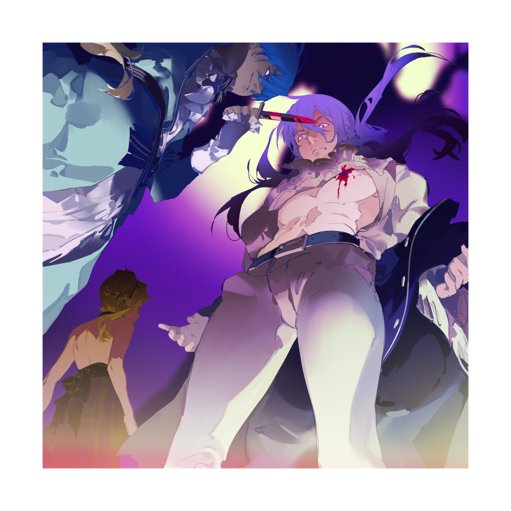 2boys abs bare_back bare_chest blood bloody_weapon bloom blue_dress blue_eyes blue_hair choker clenched_teeth crossdressing dagger dress evillious_nendaiki foreshortening from_below gumi gumina_glassred jacket kaito_(vocaloid) kamui_gakupo karchess_crim knife long_hair looking_down multiple_boys open_clothes open_jacket open_shirt pectorals ponytail purple_eyes purple_hair purple_theme sateriasis_venomania sidelocks smirk spencer_sais stab surprised teeth toned toned_male venomania_kou_no_kyouki_(vocaloid) vocaloid weapon