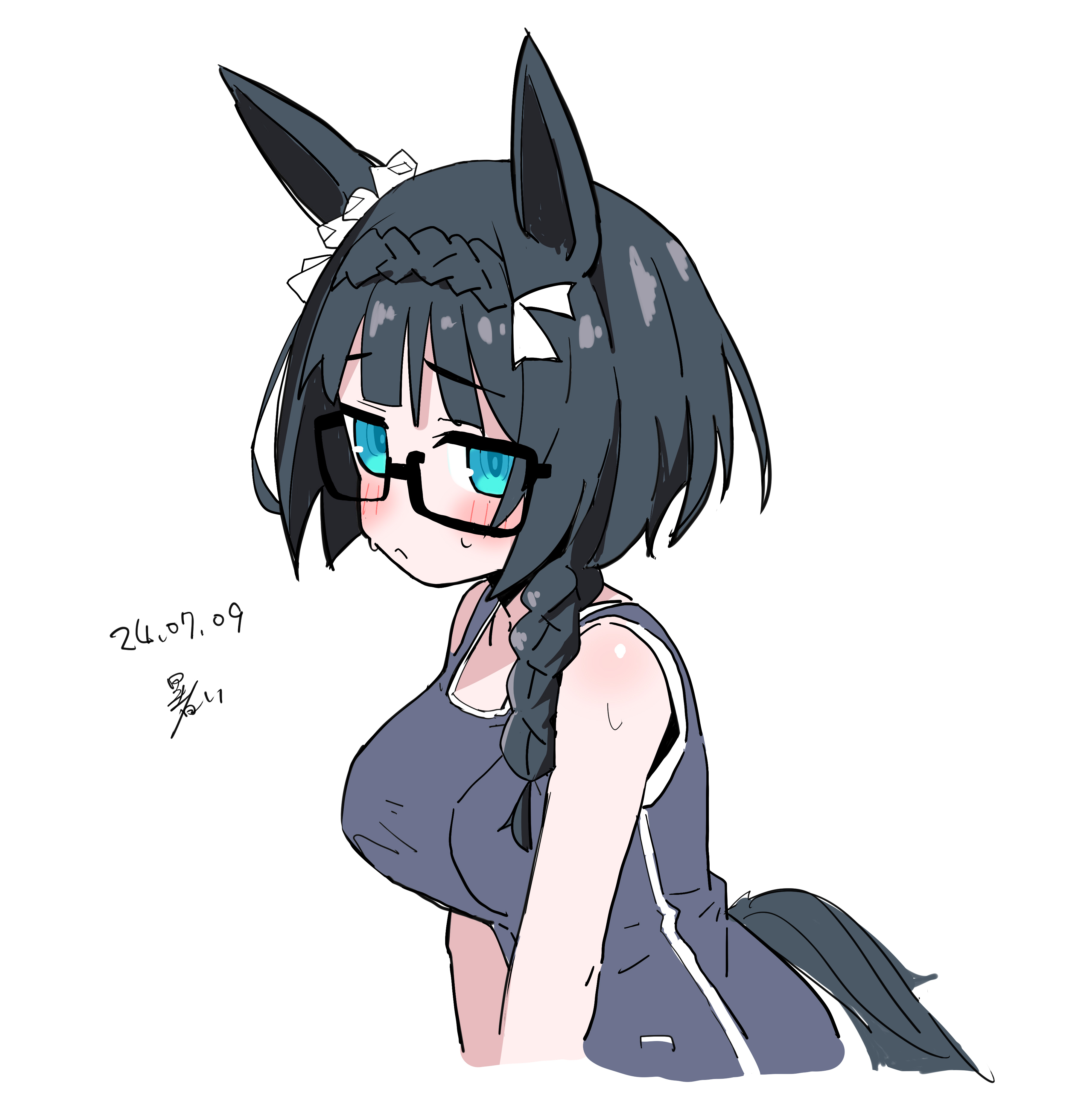 1girl absurdres animal_ears black-framed_eyewear black_hair black_one-piece_swimsuit blue_eyes braid breasts dated glasses hair_ornament hair_ribbon hair_scrunchie highres horse_ears horse_girl horse_tail large_breasts long_hair one-piece_swimsuit ribbon scrunchie signature simple_background single_braid solo spacecrab sweat swimsuit tail umamusume white_background white_ribbon white_scrunchie zenno_rob_roy_(umamusume)