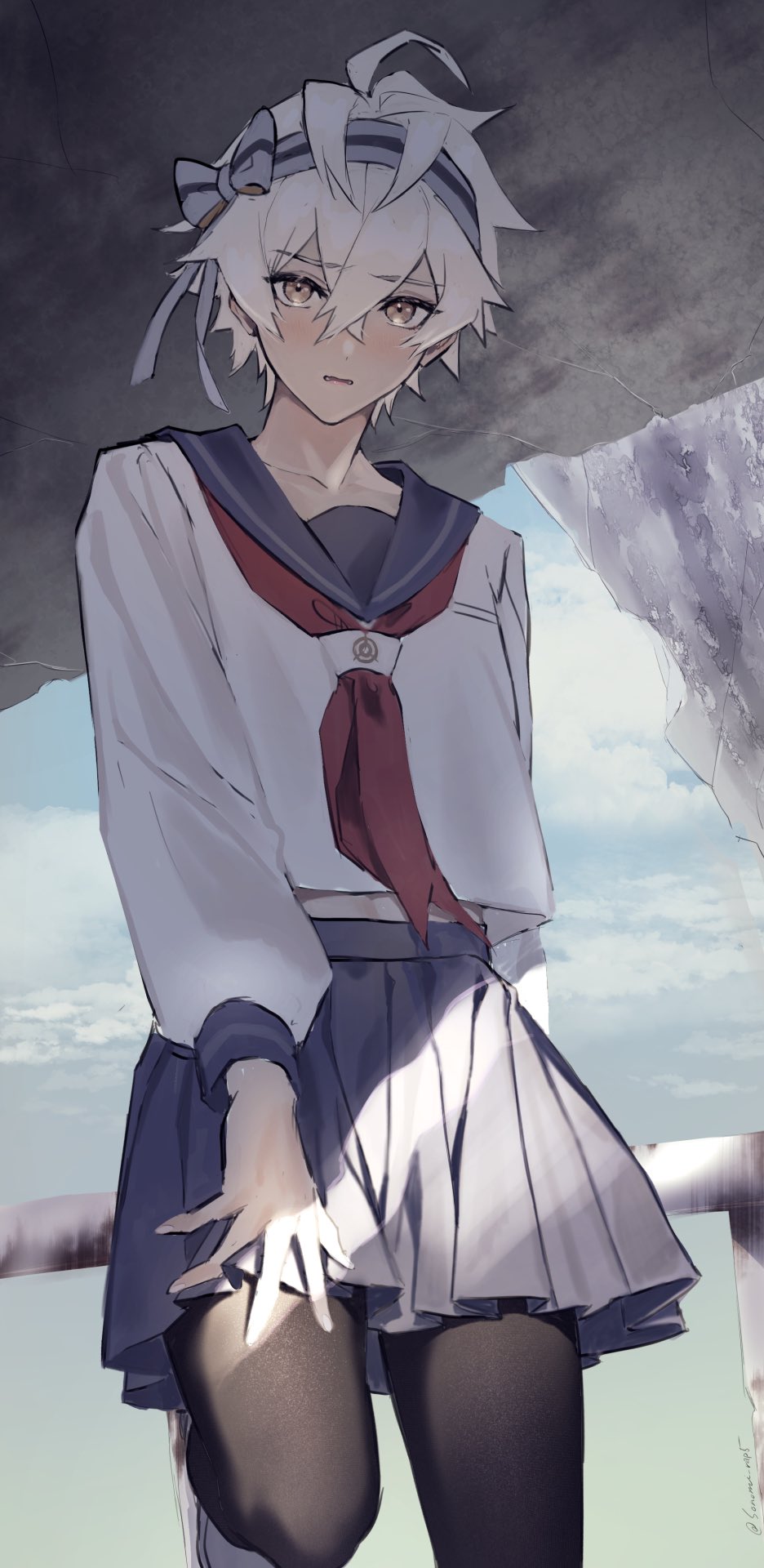 1boy alchemy_stars black_pantyhose blue_sailor_collar blue_skirt blush brown_eyes crossdressing crossdressing_(mtf) crossed_bangs day grey_hair hair_between_eyes headband highres long_sleeves looking_at_viewer male_focus navigator_(alchemy_stars) neckerchief outdoors pantyhose pleated_skirt red_neckerchief sailor_collar school_uniform serafuku skirt solo sonomi trap