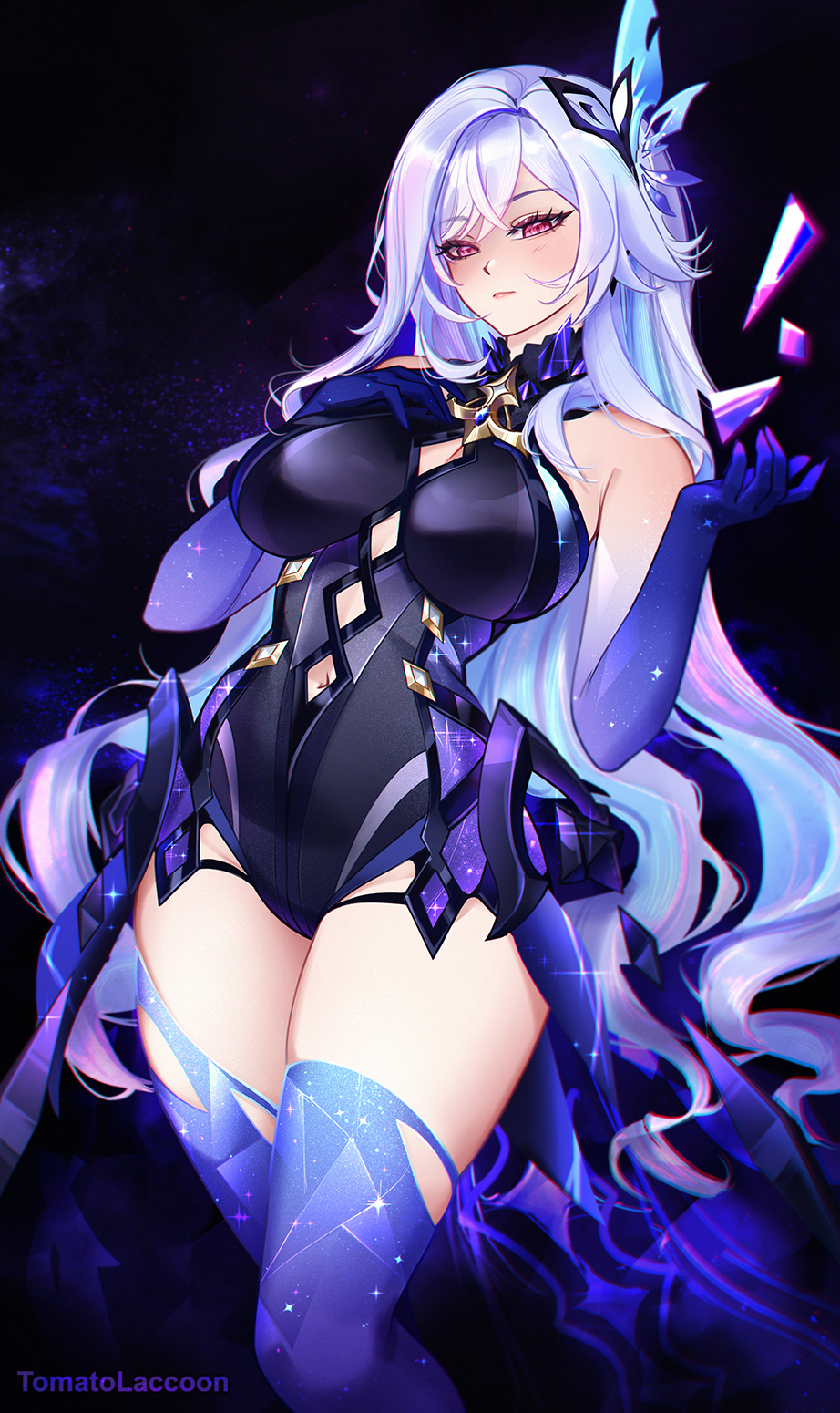 1girl alternate_costume armpit_crease artist_name bare_shoulders black_leotard breasts closed_mouth clothing_cutout colored_extremities commentary english_commentary genshin_impact hair_ornament hand_on_own_chest hand_up highres large_breasts leotard long_hair looking_at_viewer nail_polish navel purple_hair purple_thighhighs red_eyes skirk_(genshin_impact) solo thighhighs thighs tomatolaccoon very_long_hair