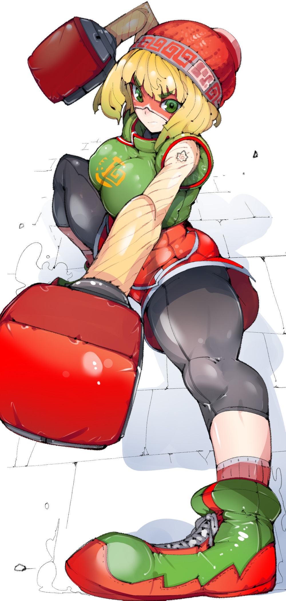 1girl arms_(game) beanie blonde_hair bob_cut boxing_gloves capri_pants domino_mask fighting_stance green_eyes green_shoes hat high_tops highres kicking knit_hat mask min_min_(arms) orange_hat orange_shorts pants pantyhose pantyhose_under_shorts perspective shoes short_hair shorts sneakers solo takayama_toshinori toaster_(arms)