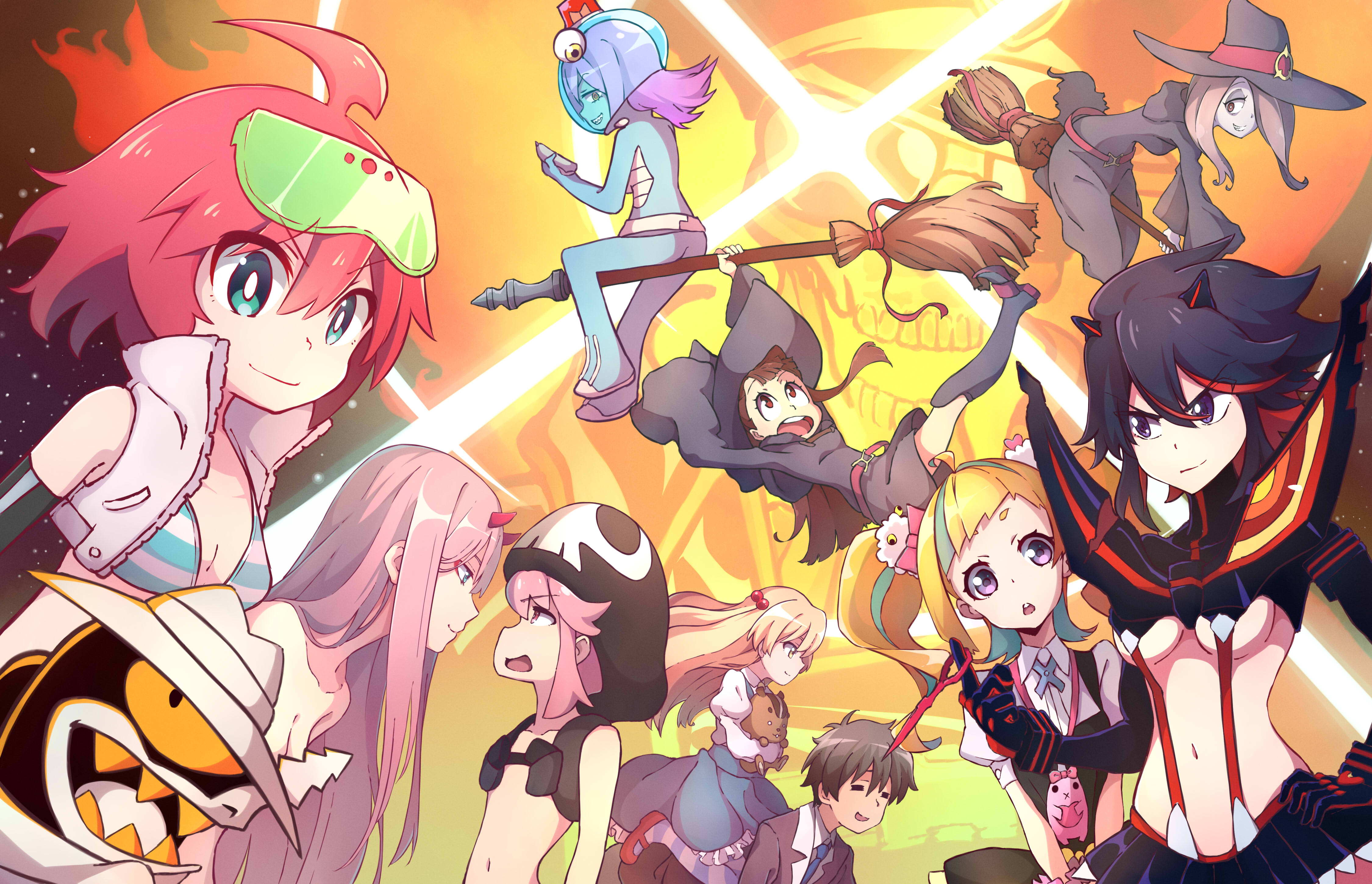 2boys 6+girls absurdres ahoge artist_request black_hair blonde_hair blue_eyes bra breasts broom character_request closed_eyes copyright_request darling_in_the_franxx flat_chest hat highres horns inferno_cop kagari_atsuko kill_la_kill kiznaiver large_breasts little_witch_academia matoi_ryuuko medium_breasts midori_(uchuu_patrol_luluco) multiple_boys multiple_girls one_eye_covered orange_hair school_uniform senketsu shark sharp_teeth skirt small_breasts spacesuit sucy_manbavaran suspenders tagme teeth trigger-chan trigger_(company) twintails uchuu_patrol_luluco underwear witch_hat zero_two_(darling_in_the_franxx)