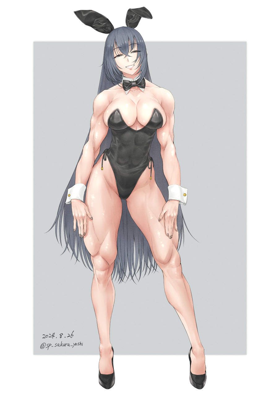 1girl alternate_costume animal_ears bare_legs black_bow black_bowtie black_footwear black_hair black_hairband black_leotard bow bowtie breasts brown_eyes covered_navel detached_collar fake_animal_ears full_body hairband high_heels highleg highleg_leotard highres kantai_collection large_breasts leotard long_hair nagato_(kancolle) playboy_bunny rabbit_ears side-tie_leotard smile solo standing strapless strapless_leotard traditional_bowtie very_long_hair white_wrist_cuffs wrist_cuffs yuichi_(sp_sakura_yoshi)