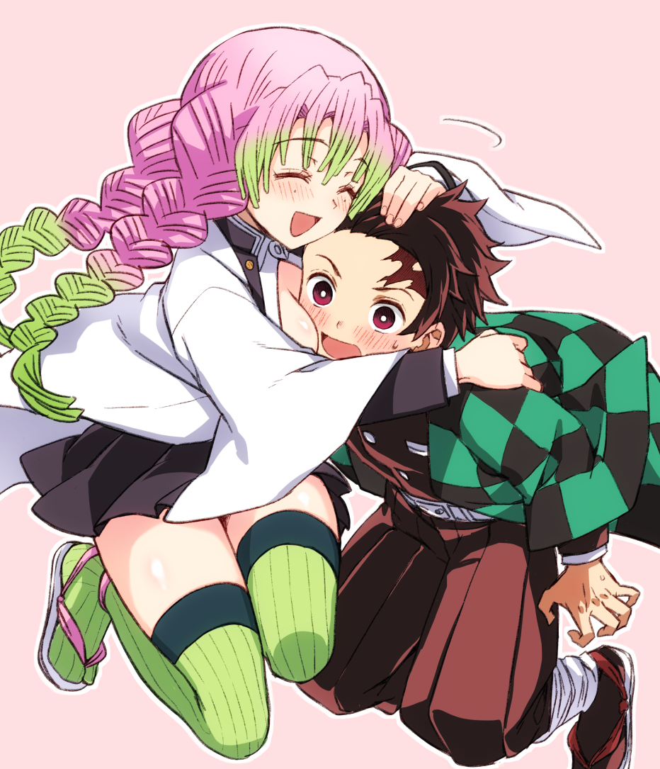 1boy 1girl black_jacket black_skirt blush braid breasts bright_pupils brown_eyes brown_hair brown_hakama brown_socks checkered_haori closed_eyes commentary_request demon_slayer_uniform ekra face_to_breasts gradient_hair green_hair green_haori green_thighhighs hakama haori hetero hug jacket japanese_clothes kamado_tanjirou kanroji_mitsuri kimetsu_no_yaiba large_breasts long_hair long_sleeves mole mole_under_eye multicolored_hair open_mouth outline pink_background pink_hair pleated_skirt ribbed_thighhighs sandals scar scar_on_face scar_on_forehead short_hair simple_background skirt smile socks thighhighs twin_braids white_haori white_outline white_pupils white_sandals
