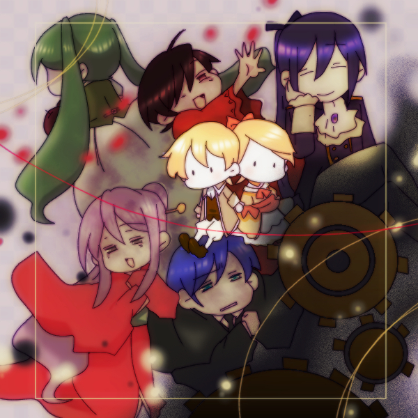3boys 4girls aku_no_meshitsukai_(vocaloid) aku_no_musume_(vocaloid) akujiki_musume_conchita_(vocaloid) akutoku_no_judgement_(vocaloid) allen_avadonia apple ascot back bags_under_eyes banica_conchita blonde_hair blue_eyes blue_hair blue_neckwear bow brown_eyes brown_hair chibi closed_eyes dress empty_eyes enbizaka_no_shitateya_(vocaloid) eve_moonlit evillious_nendaiki food frown fruit gallerian_marlon gears green_hair green_obi hair_bow hand_on_own_chin hatsune_miku holding holding_food holding_fruit japanese_clothes kagamine_len kagamine_rin kaito_(vocaloid) kamui_gakupo kimono light_particles long_hair megurine_luka meiko_(vocaloid) moonlit_bear_(vocaloid) multiple_boys multiple_girls necktie obi outstretched_hand pink_eyes pink_hair purple_hair red_dress red_kimono riliane_lucifen_d&#039;autriche sash sateriasis_venomania short_hair songover sudou_kayo twintails ume_(schwarze-sonne07) venomania_kou_no_kyouki_(vocaloid) vocaloid yellow_dress |_|