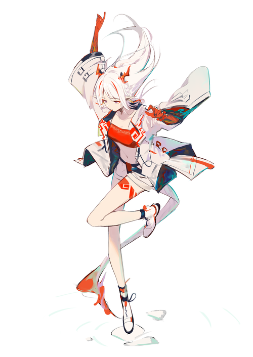 1girl arknights bandeau bracelet coat dragon_girl dragon_horns dragon_tail earrings floating_hair horns huanxiang_heitu image_sample jacket jewelry leg_tattoo lofter_sample long_hair looking_down multicolored_hair nian_(arknights) open_clothes open_jacket red_bandeau replaceme shoes shorts simple_background solo standing standing_on_one_leg strapless streaked_hair tail tattoo tube tube_top white_background white_hair white_jacket white_shoes