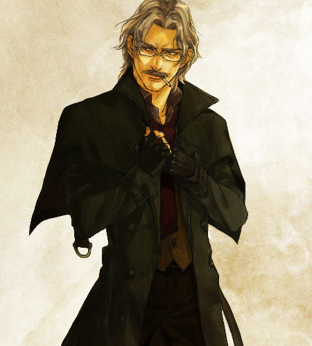 1boy atelier_(series) atelier_ayesha black_gloves cigarette coat commentary_request cowboy_shot facial_hair fingerless_gloves glasses gloves green_coat grey_hair hands_up keithgriff_hazeldine kuroo_(k_r_oo) looking_to_the_side lowres male_focus mustache old old_man pants short_hair smoking solo