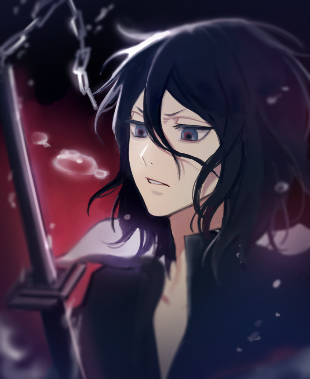 1boy 22nae2 black_hair black_hoodie bleach blue_eyes closed_mouth collared_shirt commentary dress_shirt hair_between_eyes highres hood hood_down hoodie male_focus parted_bangs parted_lips shirt smile sword tensa_zangetsu_(bankai) weapon zangetsu_(bleach)