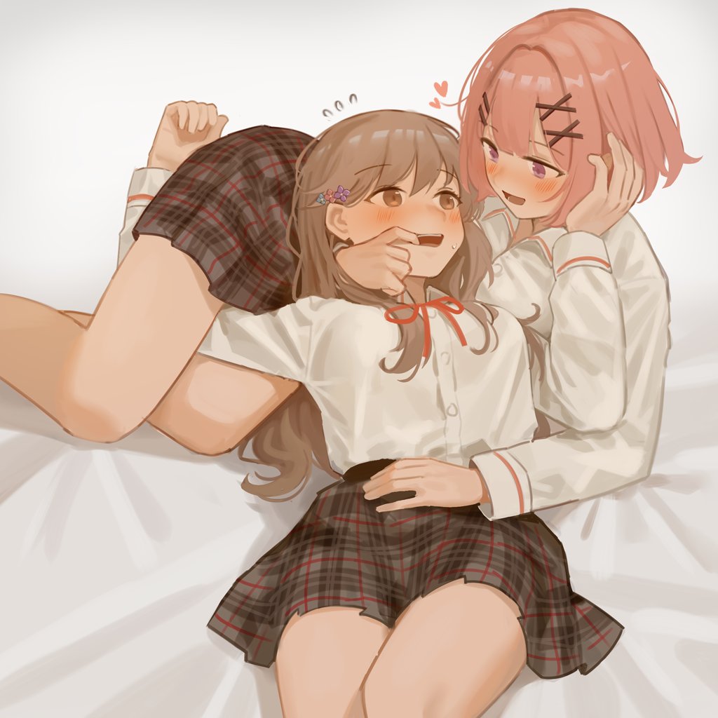 2girls amaori_renako blush brown_eyes brown_hair brown_skirt closed_mouth commentary_request dress_shirt finger_in_another&#039;s_mouth hair_ornament long_hair milktea_(gggrrr2000) multiple_girls neck_ribbon open_mouth pink_hair plaid_clothes plaid_skirt red_ribbon ribbon school_uniform sena_ajisai shirt skirt teeth upper_teeth_only watashi_ga_koibito_ni_nareru_wake_naijan_murimuri! white_shirt x_hair_ornament yuri