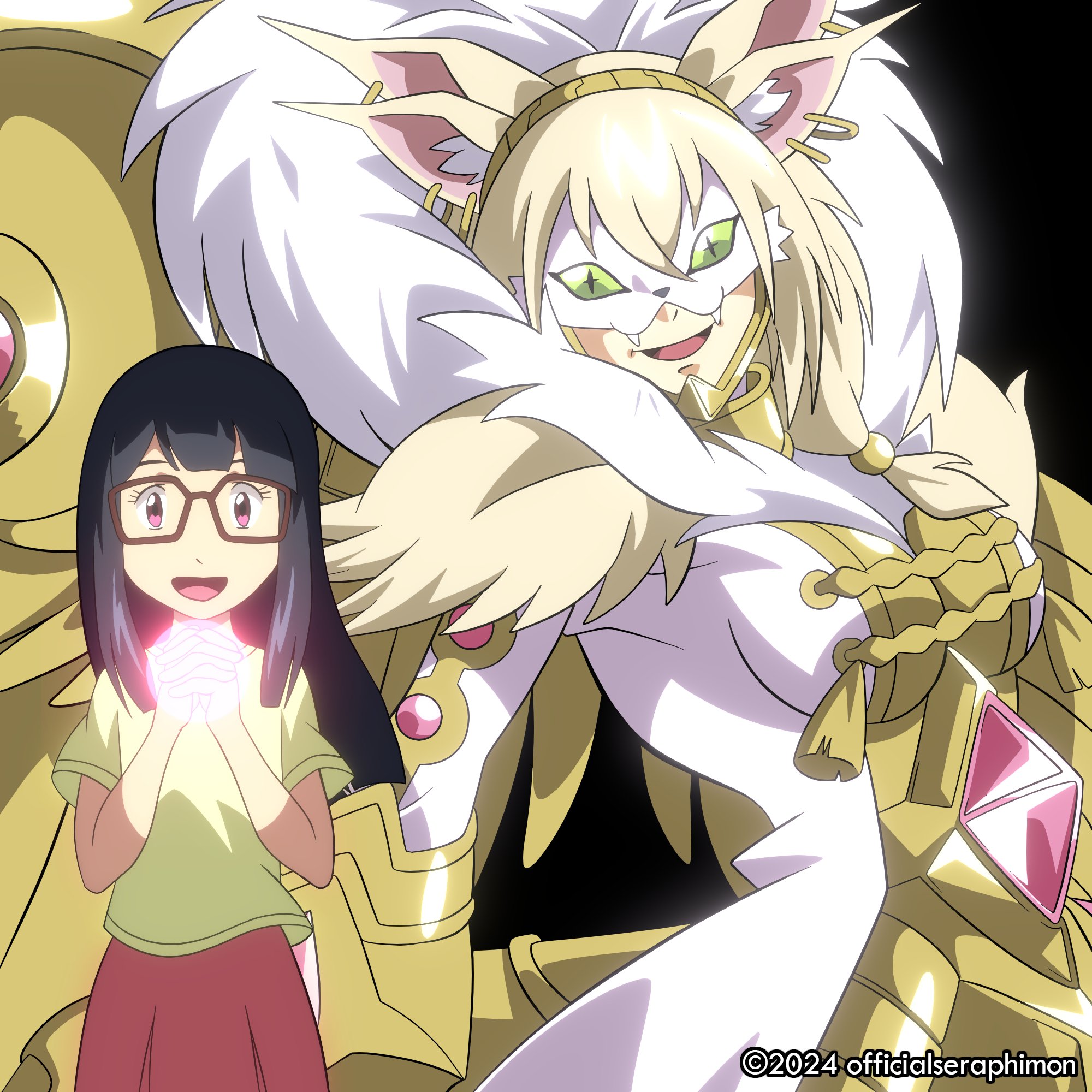 2girls aged_down animal_ears black_hair cat_ears cat_girl digimon digimon_(creature) digimon_adventure_tri. glasses green_eyes happy highres long_hair looking_at_viewer mask mochizuki_meiko multiple_girls officialseraphimon pink_eyes rasielmon smile