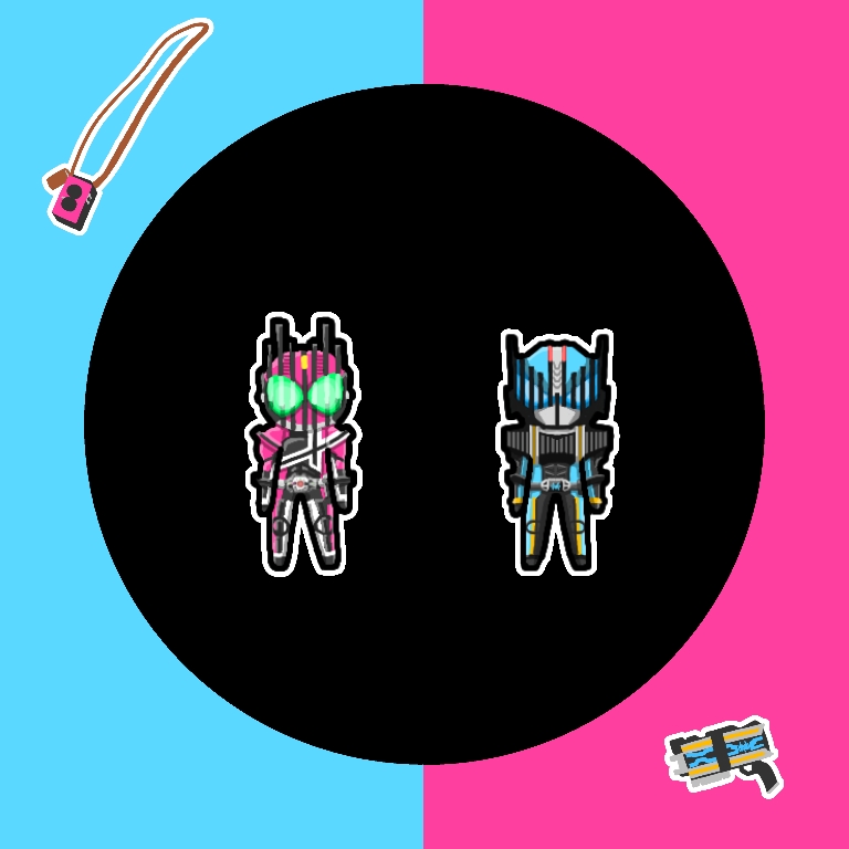 barcode belt blue_background brace camera card chibi circle compound_eyes decadriver diendriver gun helmet kadoya_tsukasa kaitou_daiki kamen_rider kamen_rider_decade kamen_rider_decade_(series) kamen_rider_diend mask pink_background pixiv rider_card ritanka tagme toei_company tokusatsu weapon x_(symbol)