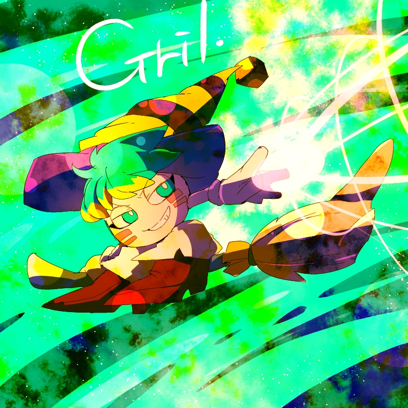 attack blonde_hair broom broom_riding character_name colored_tips commentary_request cube_hat_ornament eyelashes firing gloves green_eyes green_hair grin gryll_(kirby) half-closed_eyes hat high_heels kirby_(series) looking_to_the_side magic marking_on_cheek multicolored_hair nintendo no_humans open_mouth outstretched_arm pointy_footwear purple_hat red_footwear shirushiki short_hair smile socks solo striped_clothes striped_headwear teeth two-tone_headwear v-shaped_eyebrows white_gloves white_socks witch_hat yellow_hat