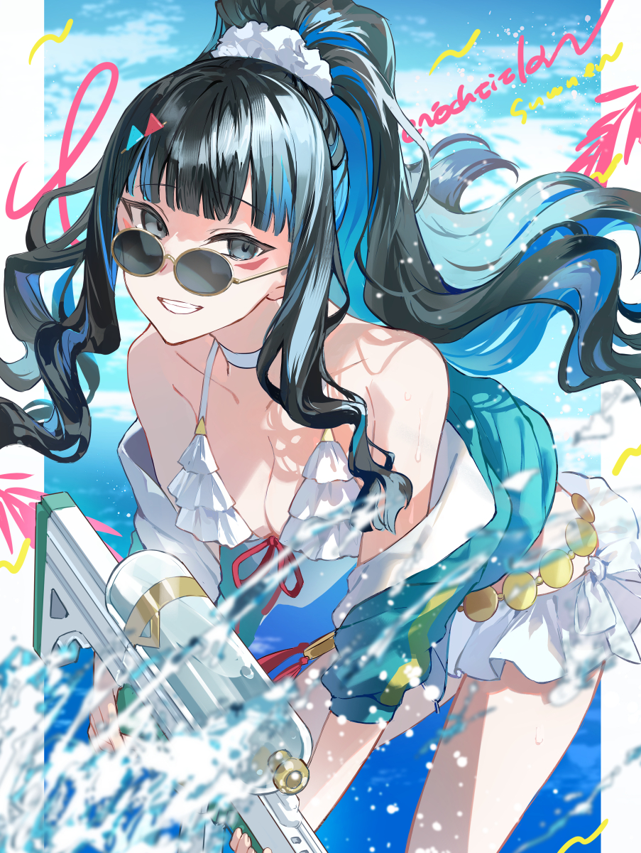 1girl bare_shoulders belly_chain bikini black_hair blue_hair blue_sky breasts choker cleavage colored_inner_hair commentary_request eyeliner fate/grand_order fate_(series) green_jacket grey_eyes grin high_ponytail highres jacket jewelry long_hair long_sleeves looking_at_viewer looking_over_eyewear makeup medium_breasts multicolored_hair off_shoulder ponytail poppoman round_eyewear sidelocks sky smile solo sunglasses swimsuit tenochtitlan_(fate) tenochtitlan_(swimsuit_mooncancer)_(fate) tenochtitlan_(swimsuit_mooncancer)_(first_ascension)_(fate) thighs tinted_eyewear water_gun white_bikini