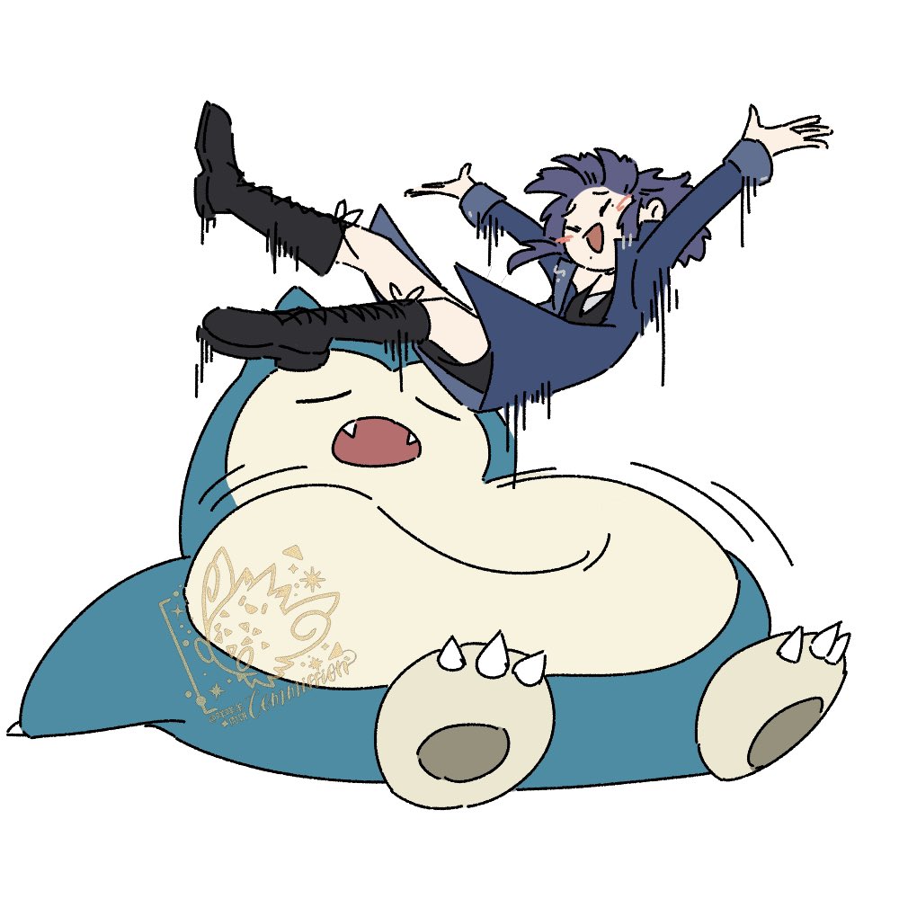 1girl :d black_dress black_shoes blue_fur blue_jacket bouncing closed_eyes deformed dress fangs full_body gen_1_pokemon jacket nintendo open_mouth outstretched_arms pokemon pokemon_(creature) purple_hair robinlovesop shoes simple_background smile snorlax white_background yellow_fur